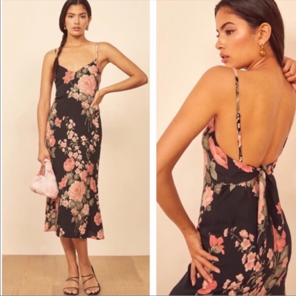 NWT Reformation Nella Louise Black Floral Midi Dress